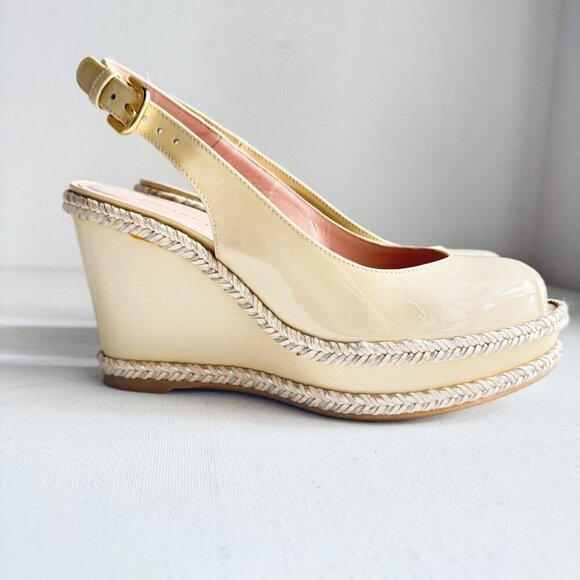 Stuart Weitzman Nide Ivory Beige Patent leather Wedge Peep Toe Heels 6 - Picture 5 of 11
